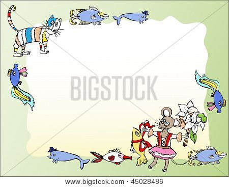 Bakgrund med katt, möss och fisk