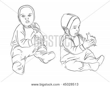 Barn med Toy.sketch svart och vitt