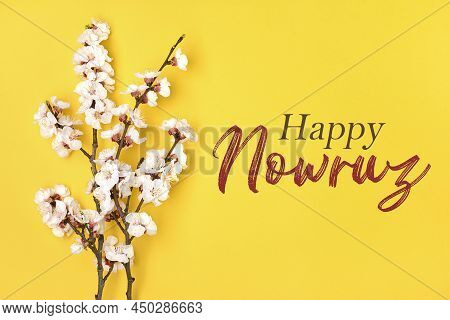 Sprigs Of The Apricot Tree With Flowers On Yellow Background Text Happy Nowruz Holiday Concept Of Sp