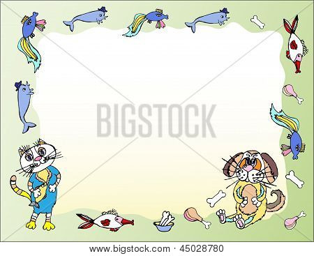 Grön bakgrund med katt, hund och fisk