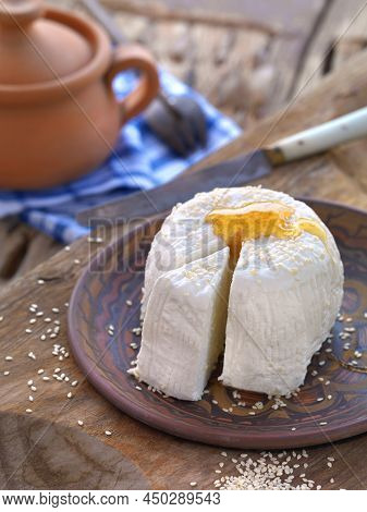 A Delicious White Cheese Made From Goat And Sheep Milk,a Traditional Product Of Lemnos,a Beautiful G