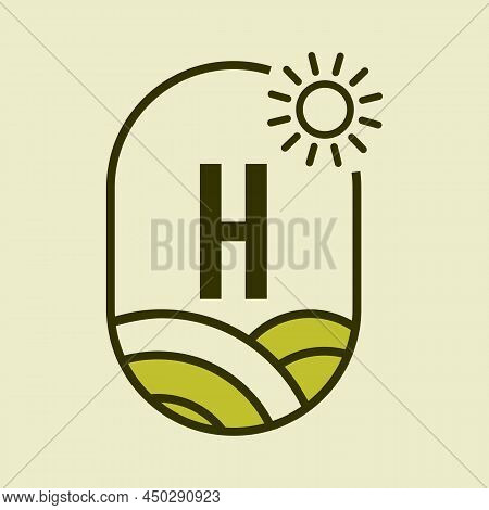 Agriculture Logo On Letter H Emblem Template. Farmland Letter H Agro Farm, Agribusiness, Eco-farm Si