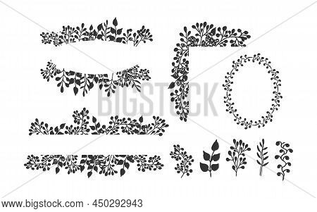 Set Frames Split Border, Floral Monogram Frame Floral Elements In Doodle Style Isolated On White Bac