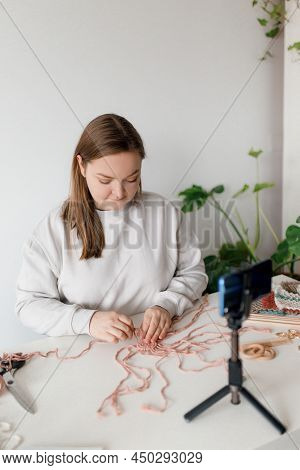 Woman Record Videovlog In Living Room. Puts Smartphone On Tripod Girl Make Online Live Stream, Lead 