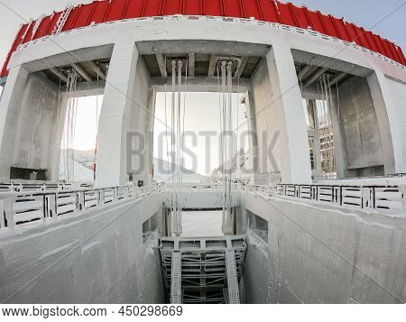 Dam Of The Kolyma Hydroelectric Power Station On The Kolyma River, Kolyma, Yakutia, Russia