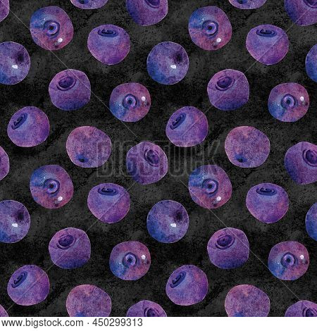 Hand-drawn Watercolor Papercut Blueberries Seamless Pattern On Dark. Cute Kawaii Background, Good Fo
