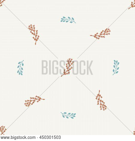 Gender Neutral Sprigged Foliage Seamless Vector Background. Simple Whimsical Botanical 2 Tone Patter