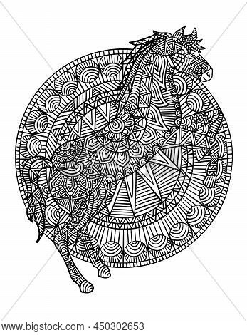 A Cute And Anti-stress Coloring Page Of A Horse Mandala With A Background. Provides Hours Of Colorin