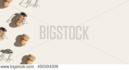 Wide Banner With Champagne Cork On Beige Background With Hard Light And Shadow At Sunlight. Trend La