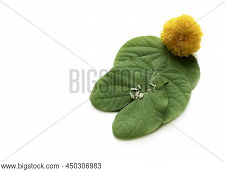 Indian Festival Dussehra, Showing Golden Leaf (piliostigma Racemosum) And Marigold Flowers On White 