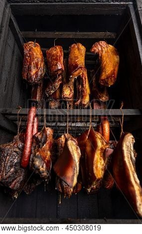 Fresh, Smoked Pork Belly Meat In The Smoker, Food Concept