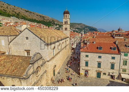 Dubrovnik, Croatia, Europe - August 2021: The Dubrovnik Cityscape From Top Medieval Walls. Dubrovnik