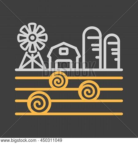 Farm Landscape With Barn, Windpump, Haystack And Granary Icon. Agriculture Sign. Graph Symbol For Yo
