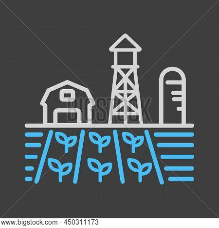 Farm Landscape With Barn, Windpump, Seedling And Water Tower Vector Icon. Agriculture Sign. Graph Sy