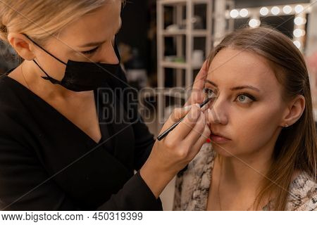 Make-up Artist Working With Brush On Model Eyes Close Up Of Applying Make Up On Young Girl, Semi Pro