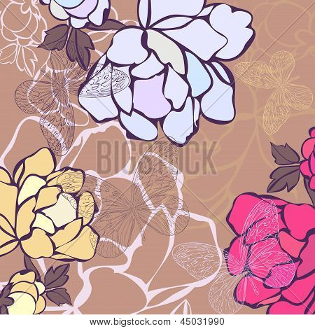 Illustrazione vettoriale di uno sfondo di fiori e farfalle