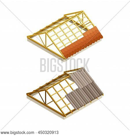 Roofing Construction. Wooden Roof Frame And Tiles Covering Vector Illustration