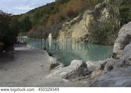 Ancient Hot Thermal Springs And Blue Pool In Nature Park Dei Mulini, Bagno Vignoni, Tuscany, Italy