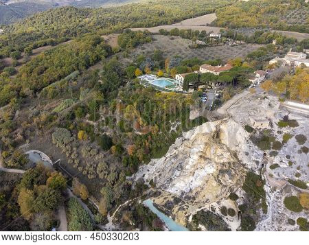 Aerial View On Free Hot Thermal Springs And Pool In Nature Park Dei Mulini, Bagno Vignoni, Tuscany,