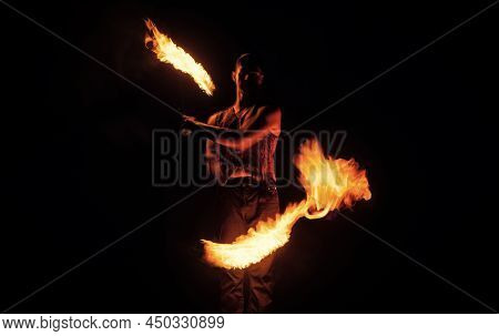 Fakir Show. Happy Man Manipulate With Burning Poi. Fire Fakir Perform Dangerous Tricks.