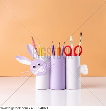 Diy Rabbit Or Bunny Toy, Handmade Pencil Holder, Toilet Paper Roll Craft Concept For Kid And Kinderg