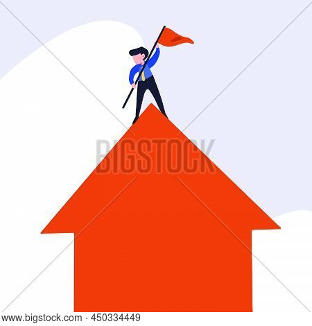 Business Concept Flat Style Isolated Of Businessman Planted Flag On Top Of Up Arrows Symbol. Male Ma