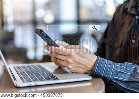 Data Search Technology Search Engine Optimization. Man Hands Using Smartphones Searching For Informa