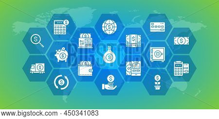Money And Banking Horizontal Outline Illustration. Credit Card, Currency Exchange, Atm, Terminal Ico