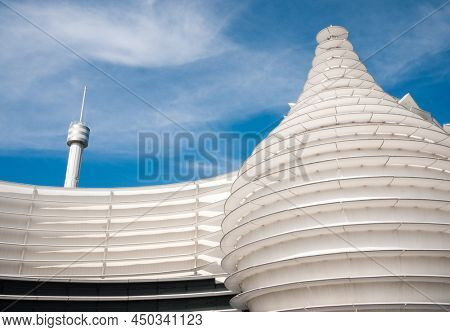 Poitiers, France - September 18 2010: Beautiful unique architecture of IMAX Laser 4K movie theatre building detail at Le Futuroscope in Poitiers