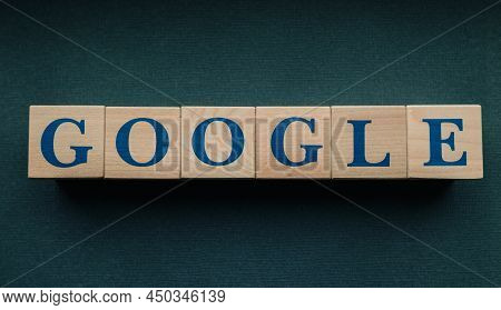 January 31, 2022. Mountain View, California. The Name Of The Google Company, Laid Out From Wooden Cu