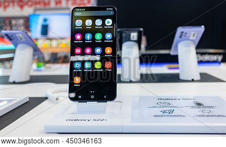 February 15, 2022, Moscow, Russia. The New Samsung Galaxy S22+ Mobile Phone In A Store Window.