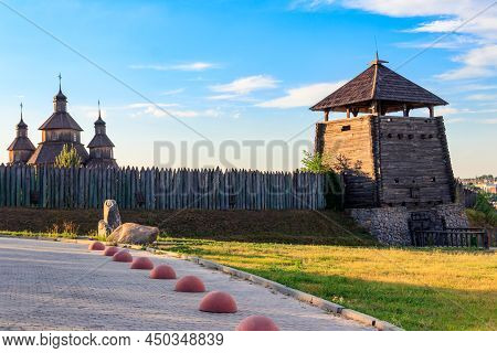 Medieval Wooden Zaporozhian Sich On Khortytsia Island In Zaporizhia, Ukraine