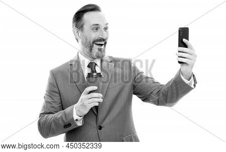 Happy Man Blogger In Suit Meking Selfie On Phone And Drink Coffee Isolated On White, Video Call.
