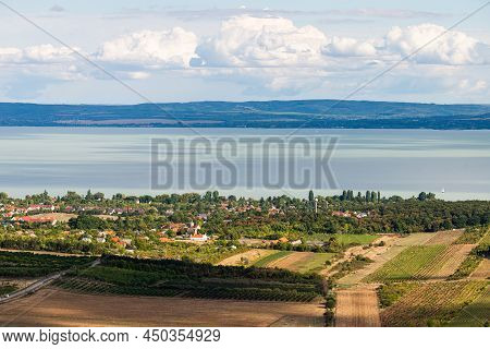 Monoszlo Country Side Aerial View. Hungarian Summer Rural Landscape. Beautiful View Of Balaton Lake.