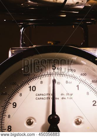 Closeup View On Domestic Steelyard, Maximum Weight Of 5 Kg.