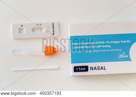 Covid-19 Rapid Antigen Test Kit With Casette, Test Tube And Nasal Swab. Negative Result. Self Testin