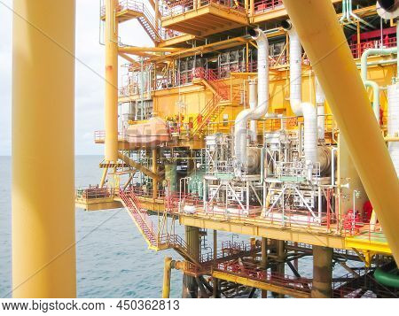 Close-up Pipelines And Drilling Jackup Rig Equipments On Mobile Offshore Platform In Bach Ho Oilfiel