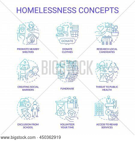 Homelessness Blue Gradient Concept Icons Set. Access To Rehab Services Idea Thin Line Color Illustra