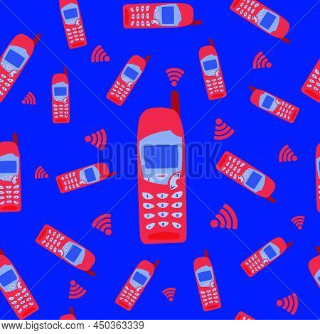 An Old School Phone Seamless Repeating Pattern Vector Design With Colors Of Blue And Cinnabar