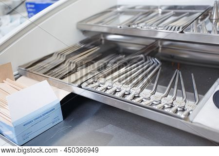 Instruments For Cardiothoracic And Vascular Surgery In A Steel Tray