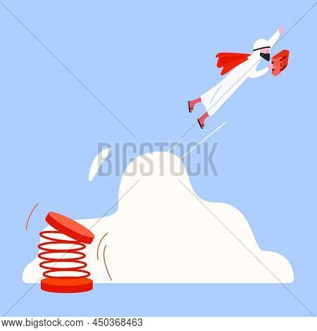 Business Concept Flat Arabic Businessman Superhero Holding Briefcase Flying Or High Jump From Spring
