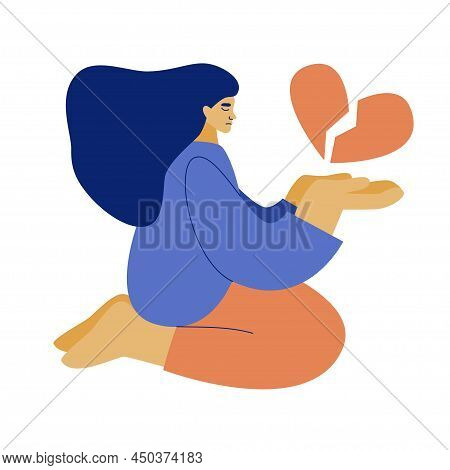 Sad Devorsed Woman Kneels And Hold Broken Heart In Hands Girl Depression Lady Is Feeling Hurt Female