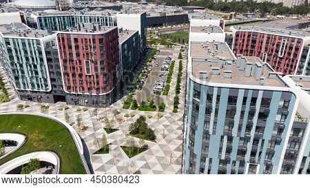Kiev, Ukraine - 25.06.2021: Residential District Respublika Bright Facade Geometry