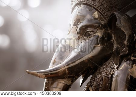 Close-up Horizontal View Of Broken Face Of Statue Ganesha Is God Of Hindu Which One Of The Best-know