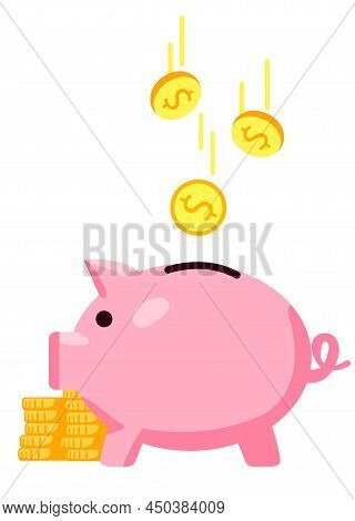 Pig Piggy Bank With Falling Golden Coins Vector Illustration In Flat Style. Saving Or Save Money Or 