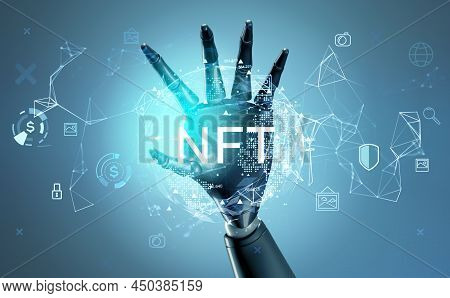 Robot Hand Touch Nft Icons With Earth And Digital Hologram With Circuit