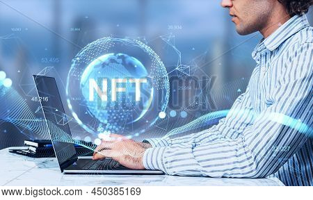 Businessman Working, Creating Non-fungible Token. Hologram With Earth Globe And Metaverse. Nft And V