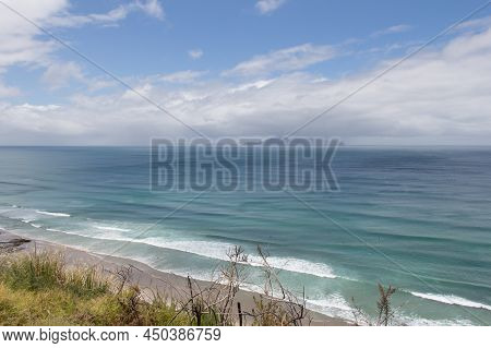 The View Of The Sea, Horizon Line And Clouds Seeing From Mangawhai Cliffs Walk Track. Marine Landsca