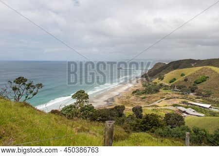 Aerial View Of Mangawhai Heads Beach In A Cloudy Day, New Zealand.