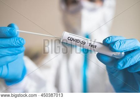 Process Of Coronavirus Pcr Antigen Testing Examination By Nurse Medic In Laboratory Lab, Covid-19 Sw
